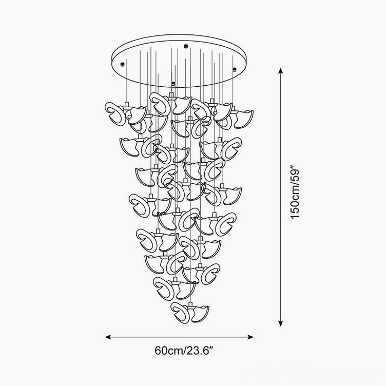 Fiora 44 heads chandelier technical drawing 60cm diameter 150cm height dense cluster design