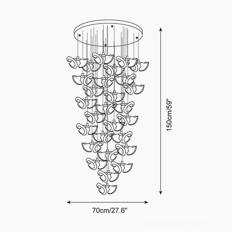 Fiora 56 heads chandelier orthographic blueprint 70cm diameter 150cm height specifications
