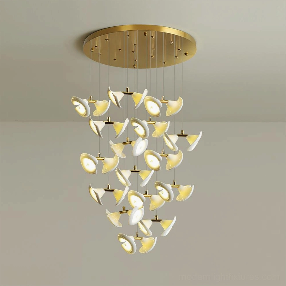 Fiora contemporary chandelier full installation view double height residential space