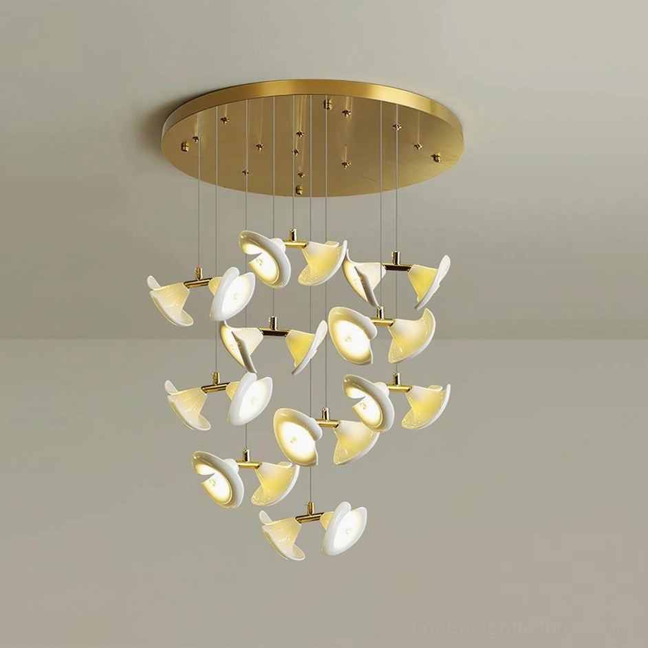 Fiora petal-disc chandelier three-quarter perspective showing sculptural geometric form