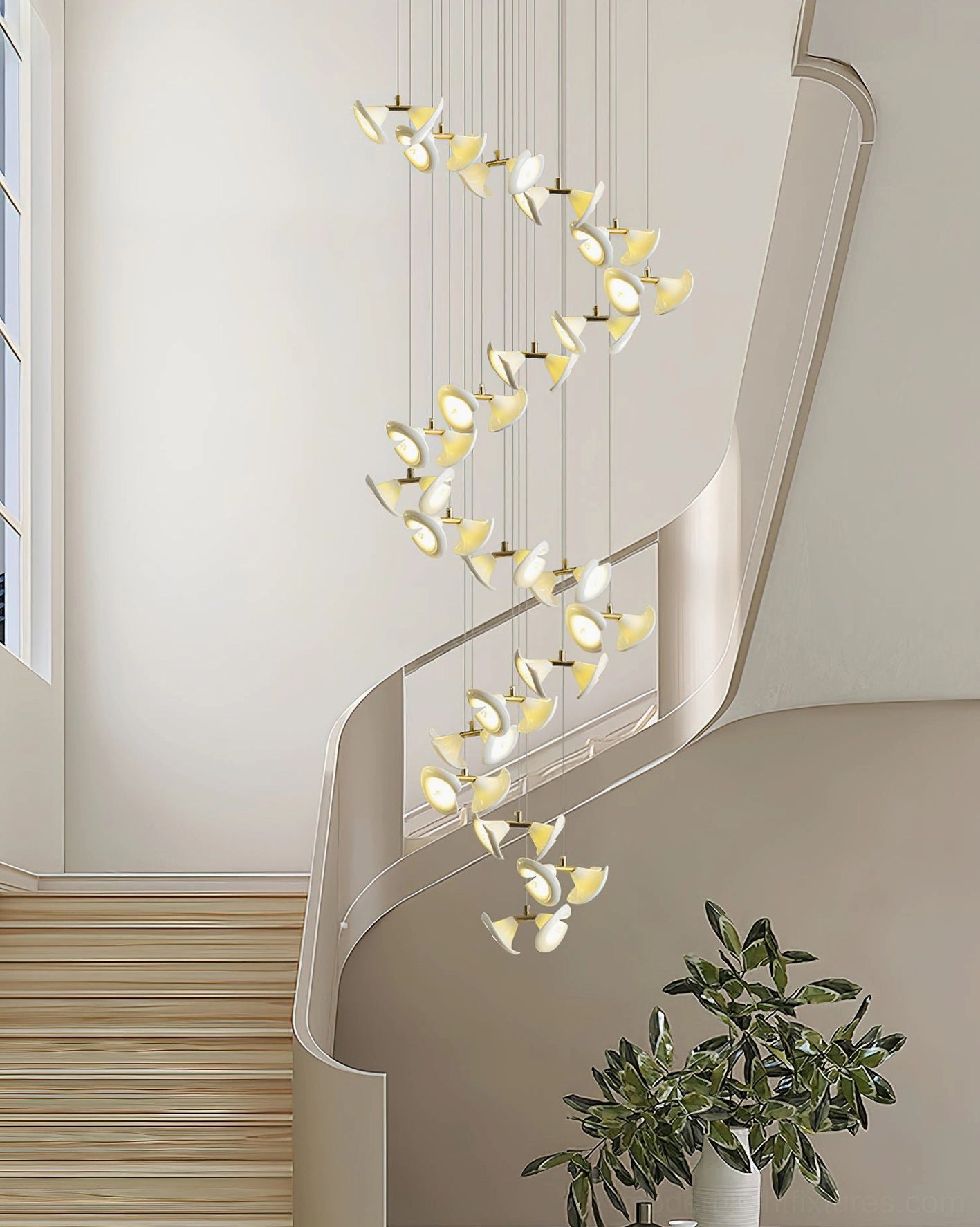 Modern petal-disc chandelier side view showing curved cup-shaped lamp shades with warm illumination