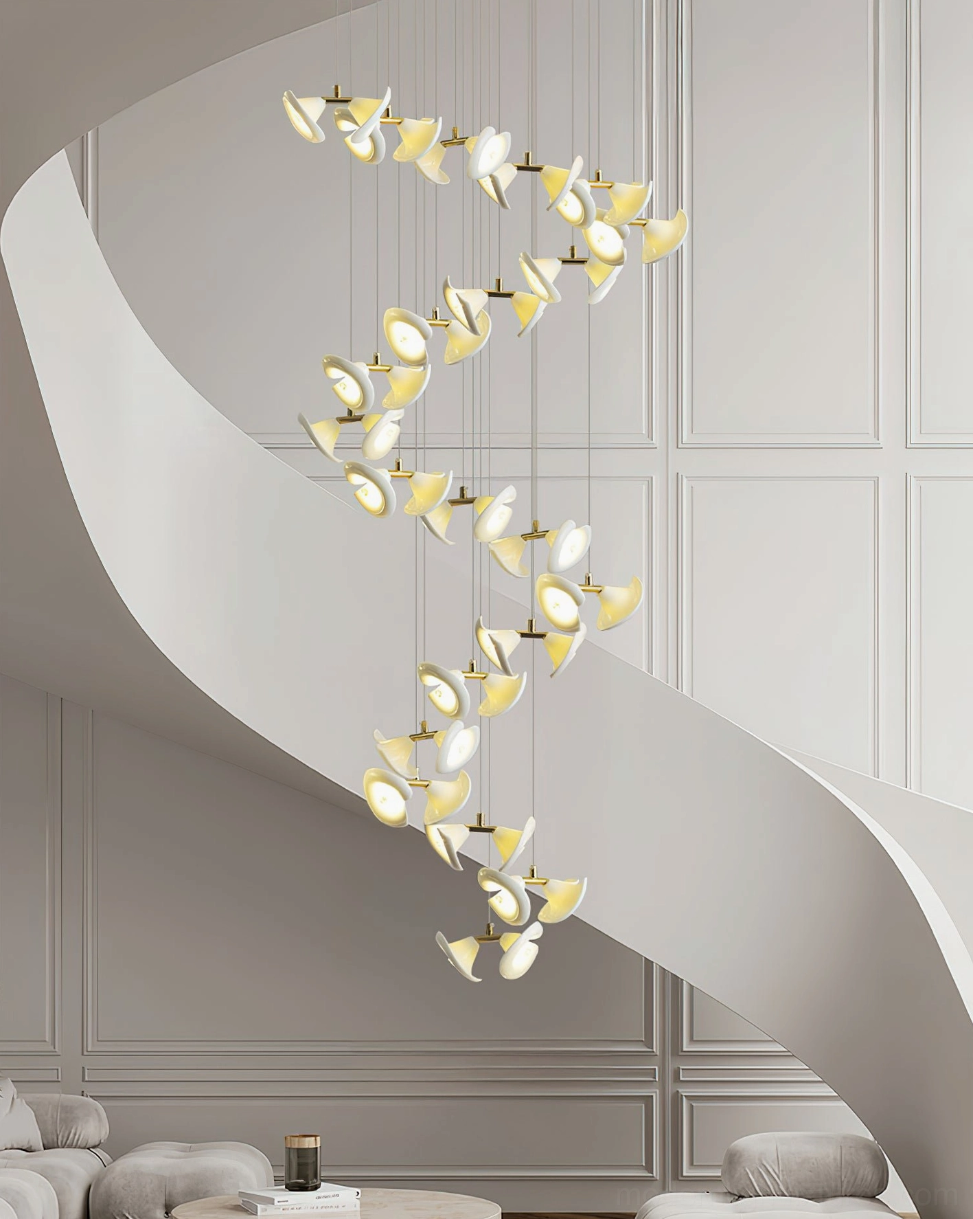Fiora modern spiral cluster chandelier detailed close-up showing petal-disc element design