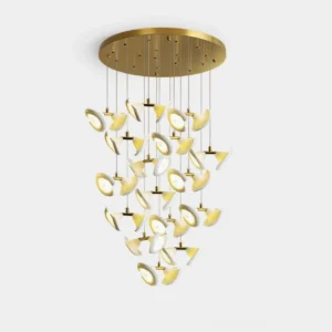 Fiora modern spiral cluster chandelier with petal-disc design in gold finish, front view studio shot