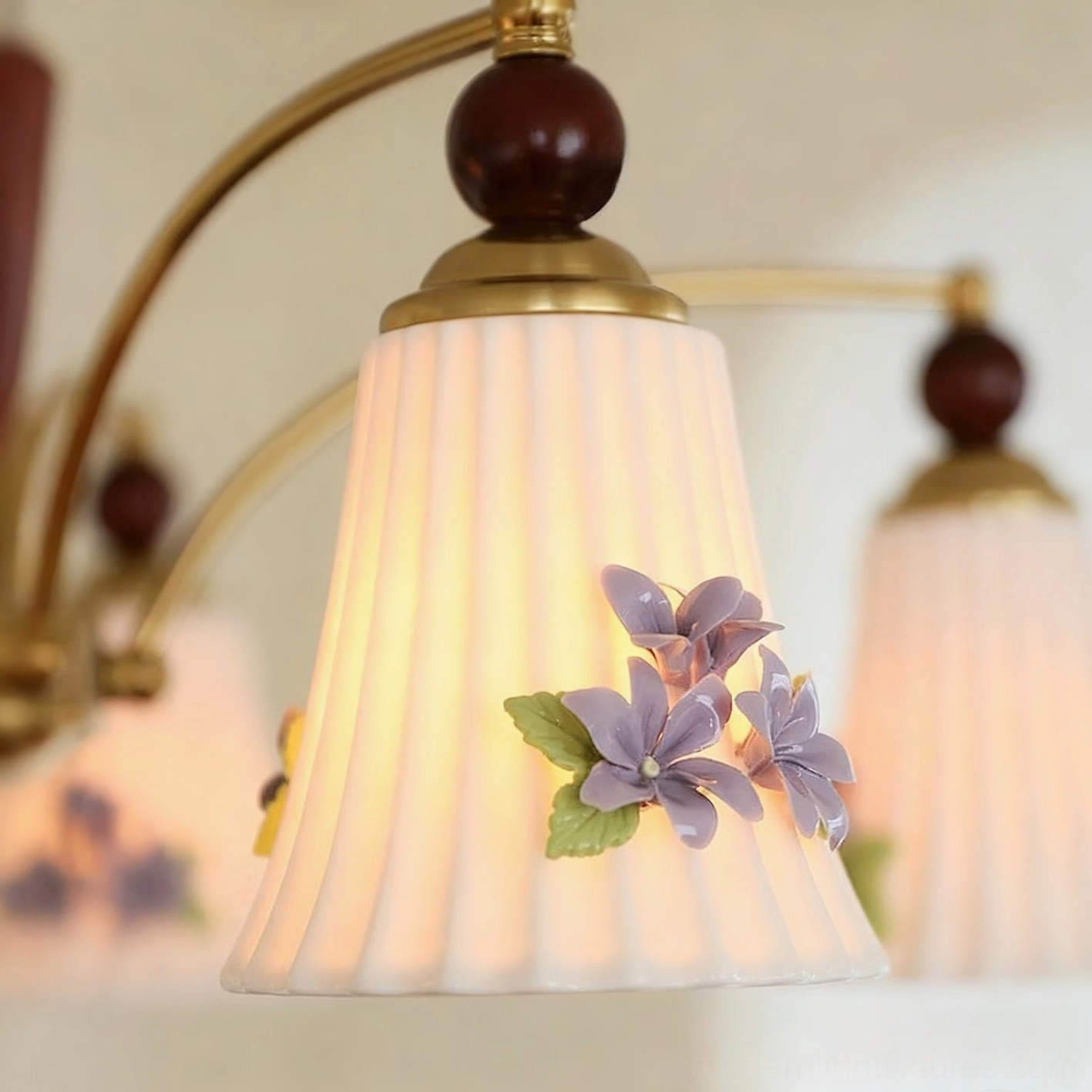 Fiorenta chandelier complete product view featuring brass construction, wooden elements, and floral shade design