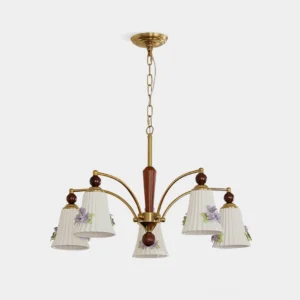 Fiorenta 5-light floral chandelier with brass arms and hand-painted ceramic shades in studio front view