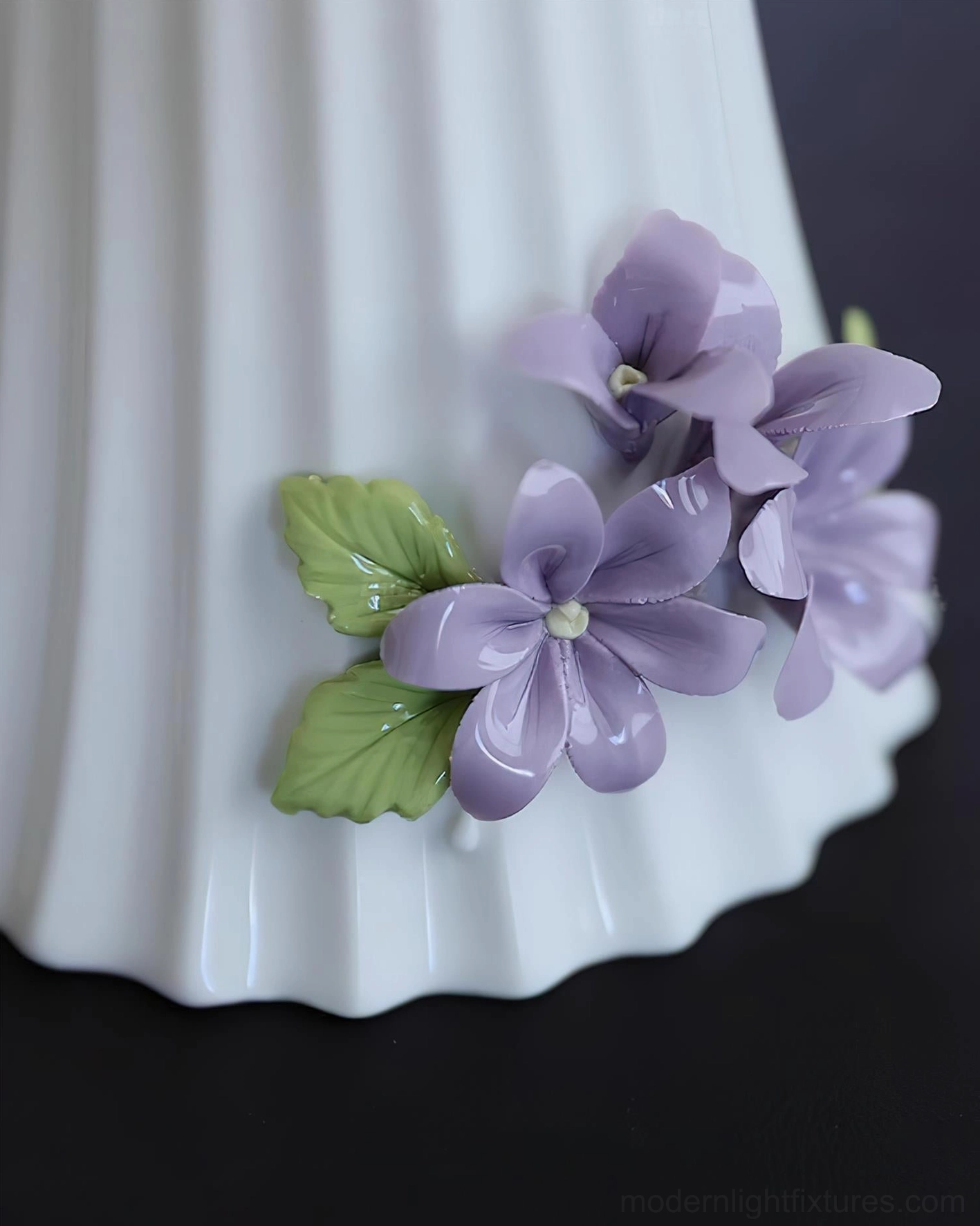Fiorenta floral wall lamp close-up detail of pleated white shade with lavender and green botanical accents