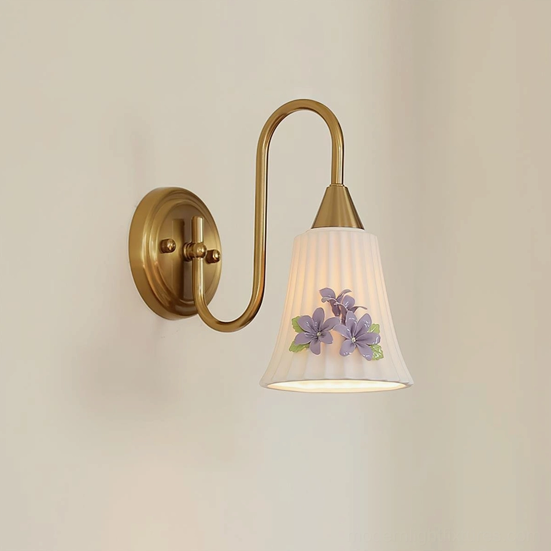 Fiorenta vintage wall sconce left front three-quarter angle with brass finish and double purple flowers on pleated white shade