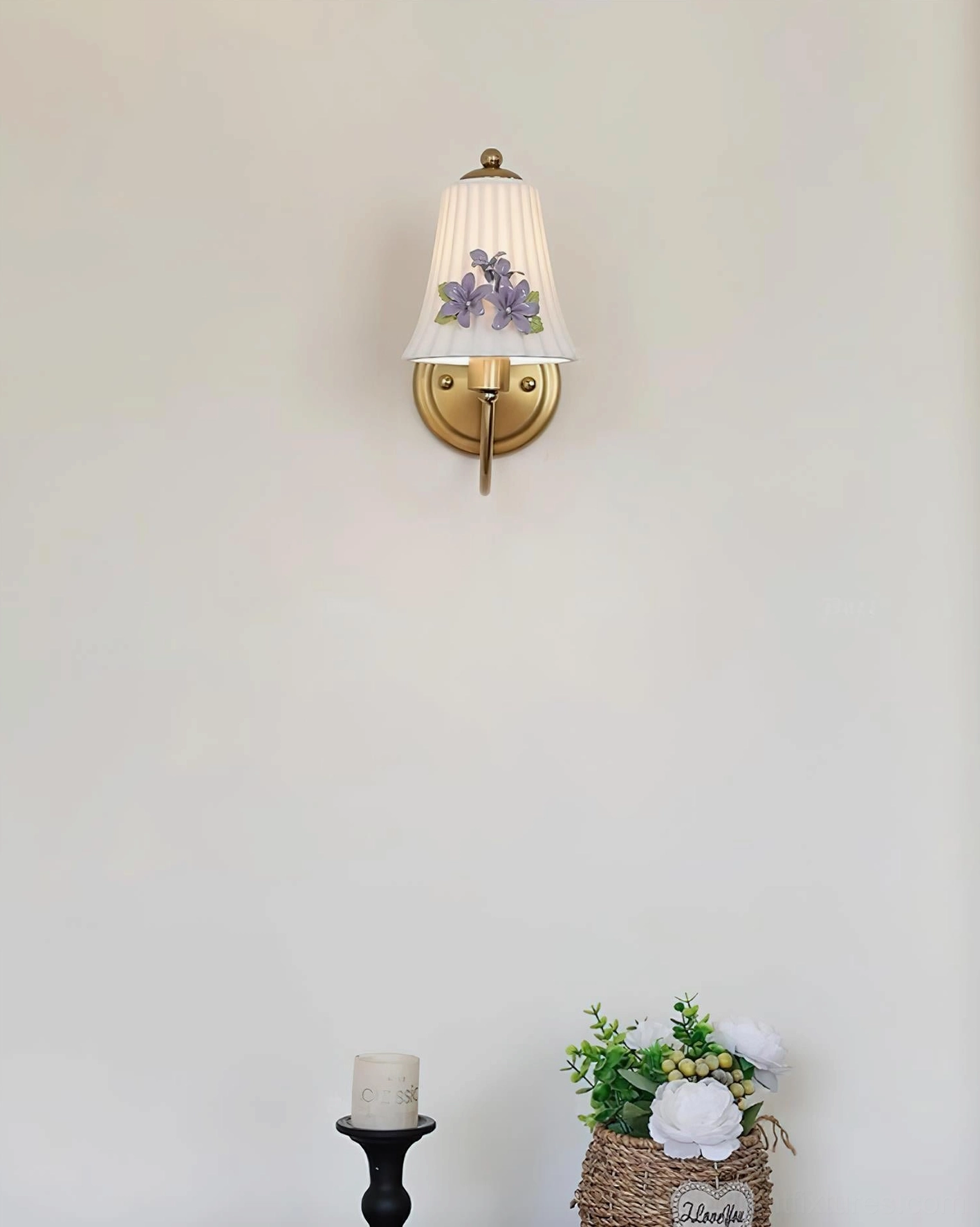 Fiorenta wall lamp ambiance lighting showcase with pleated fabric shade and vintage brass fixture in home interior