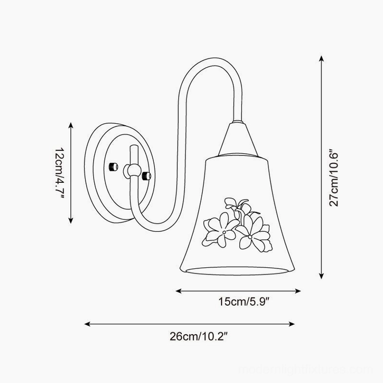 Fiorenta wall lamp side schematic diagram with 26cm height, circular wall mount and curved arm structure