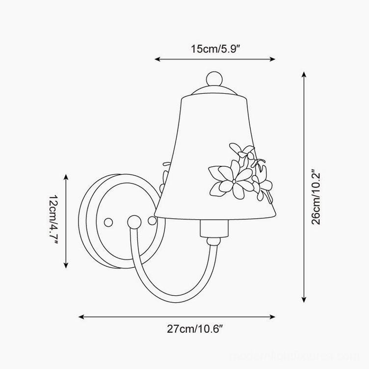 Fiorenta wall sconce technical dimension drawing showing 15cm width and 26cm height measurements with flower pattern