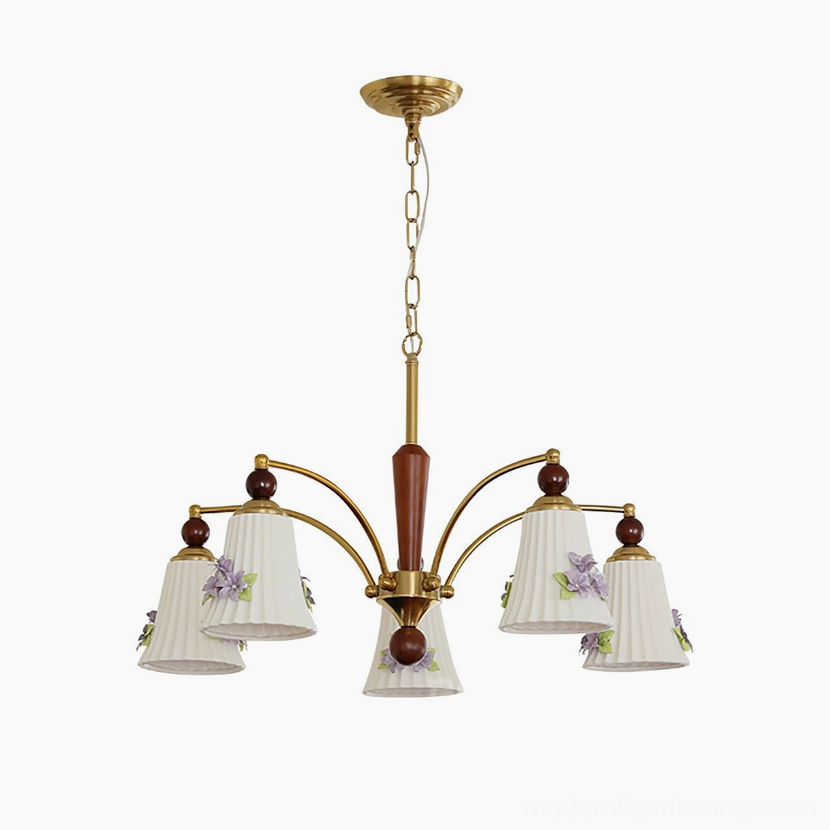 Fiorenta 5-light walnut and white chandelier with hand-painted floral ceramic shades product showcase