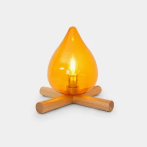 Firebeam hand-blown glass table lamp front view with amber teardrop shade and wooden base, studio white background