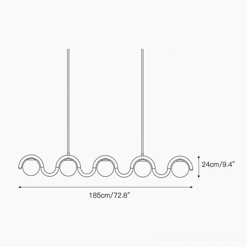 5-light extended wave pendant lamp technical elevation showing 185cm total length and proportions