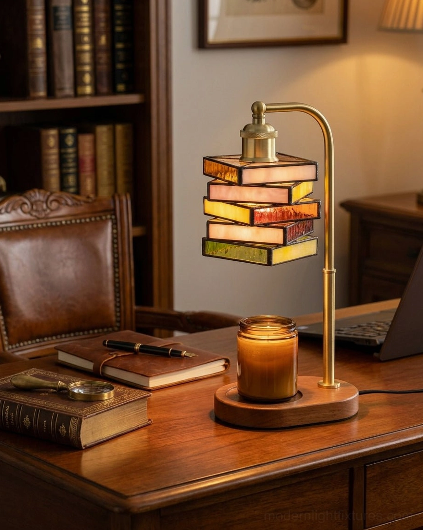 Candle warmer lamp with leaded glass shade on executive study desk with leather chair, books, laptop and lit candle, library vintage aesthetic