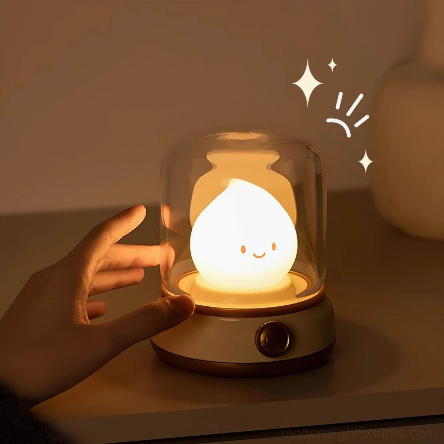 Flame LED in clear finish, transparent design, warm glow visible through body, modern lighting fixture