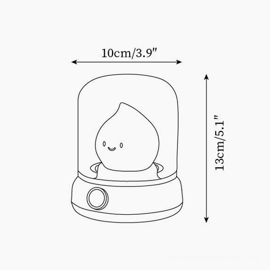 Flame LED night light product dimensions diagram, size reference 10cm diameter x 13cm height, technical drawing