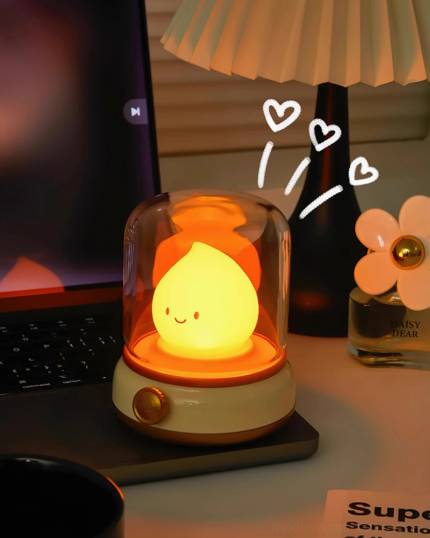 Flame LED dining table centerpiece, warm dinner ambiance, intimate gatherings, modern table lamp