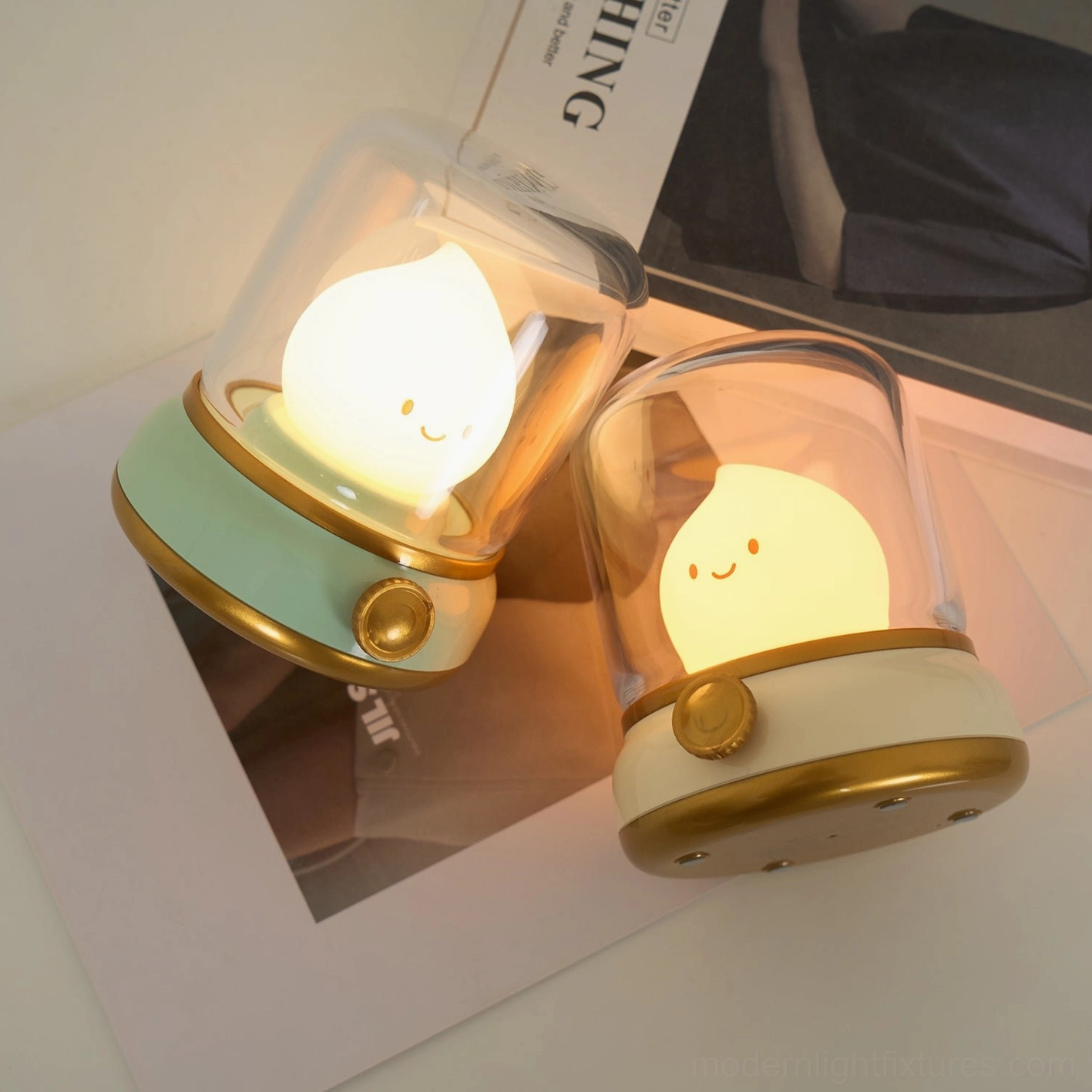 Flame LED night light front studio view, kerosene lantern inspired design, gold trim details