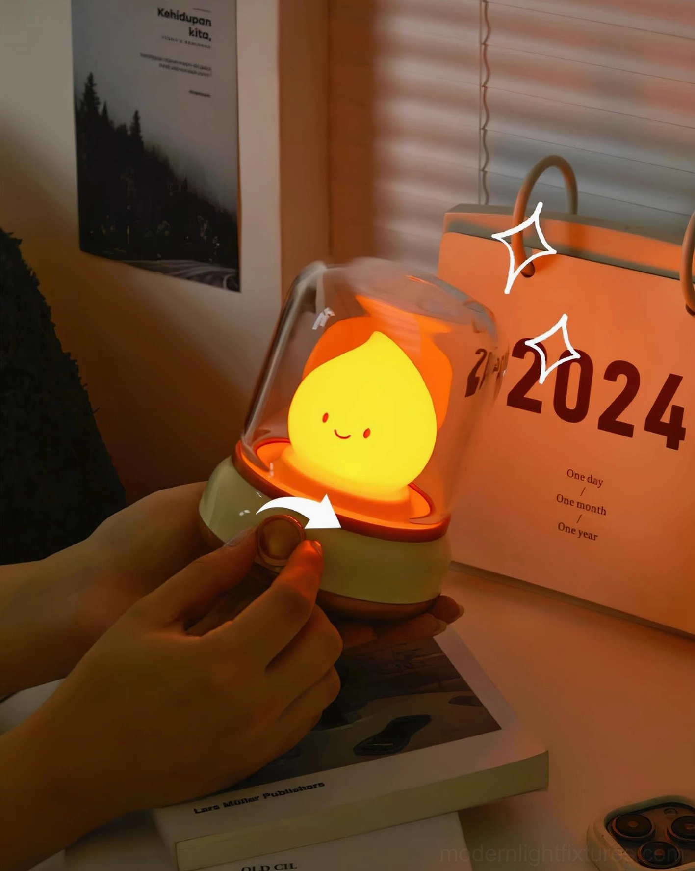 Flame LED night light in hallway, ambient pathway lighting, safe for children and pets, home accent