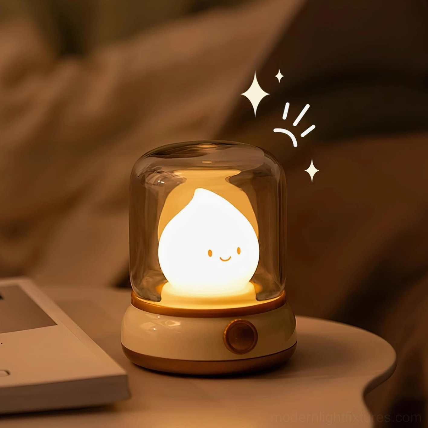 Flame LED night light close-up detail, kerosene lantern silhouette, premium ABS and PMMA materials