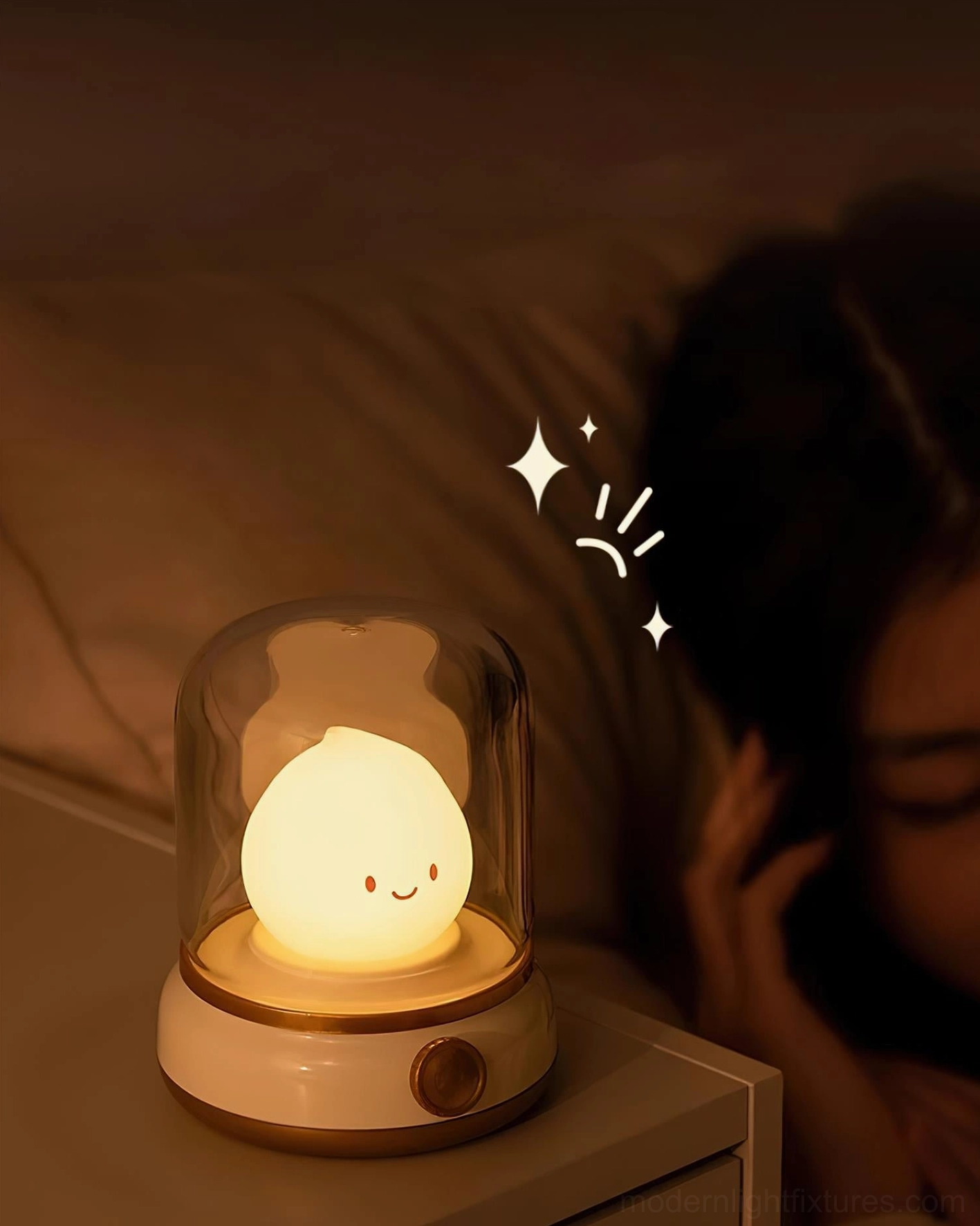 Flame LED night light on bedside table, warm 3000K light, bedroom nightstand, intimate lighting