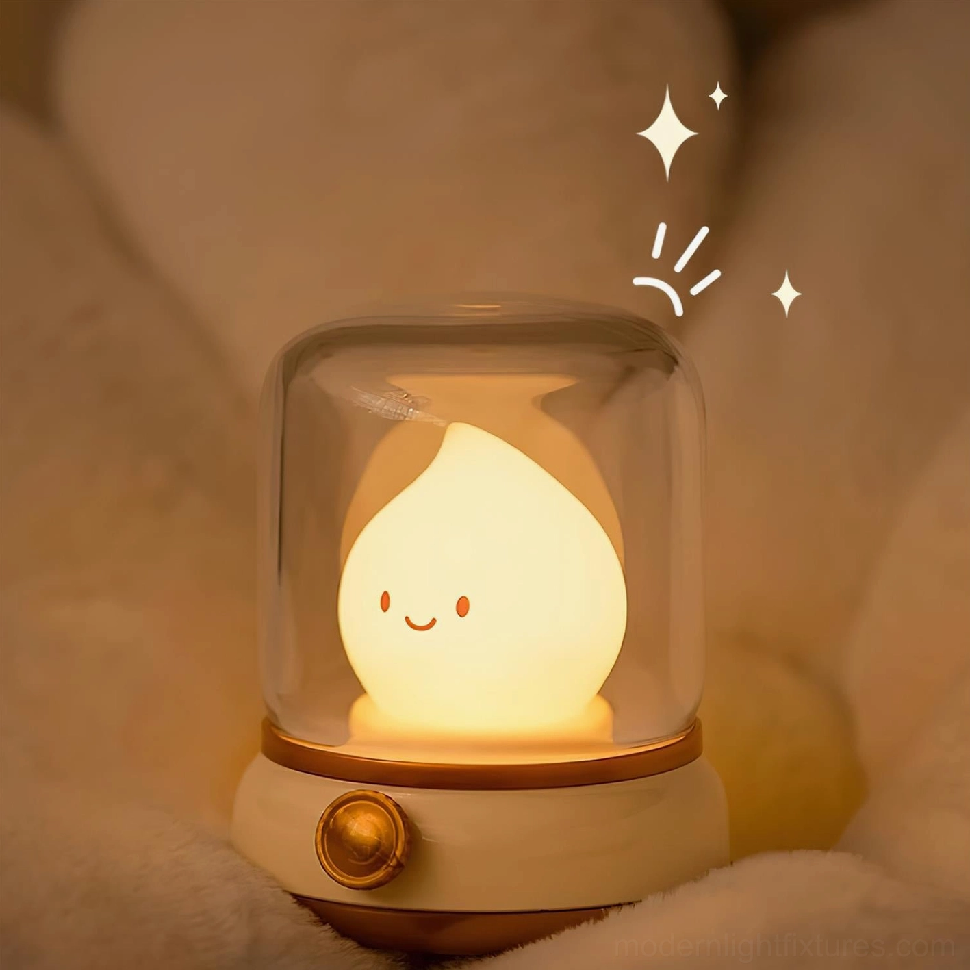Flame LED with warm glow and spark effect decorations, low-angle view on soft bedding, sleep-friendly light