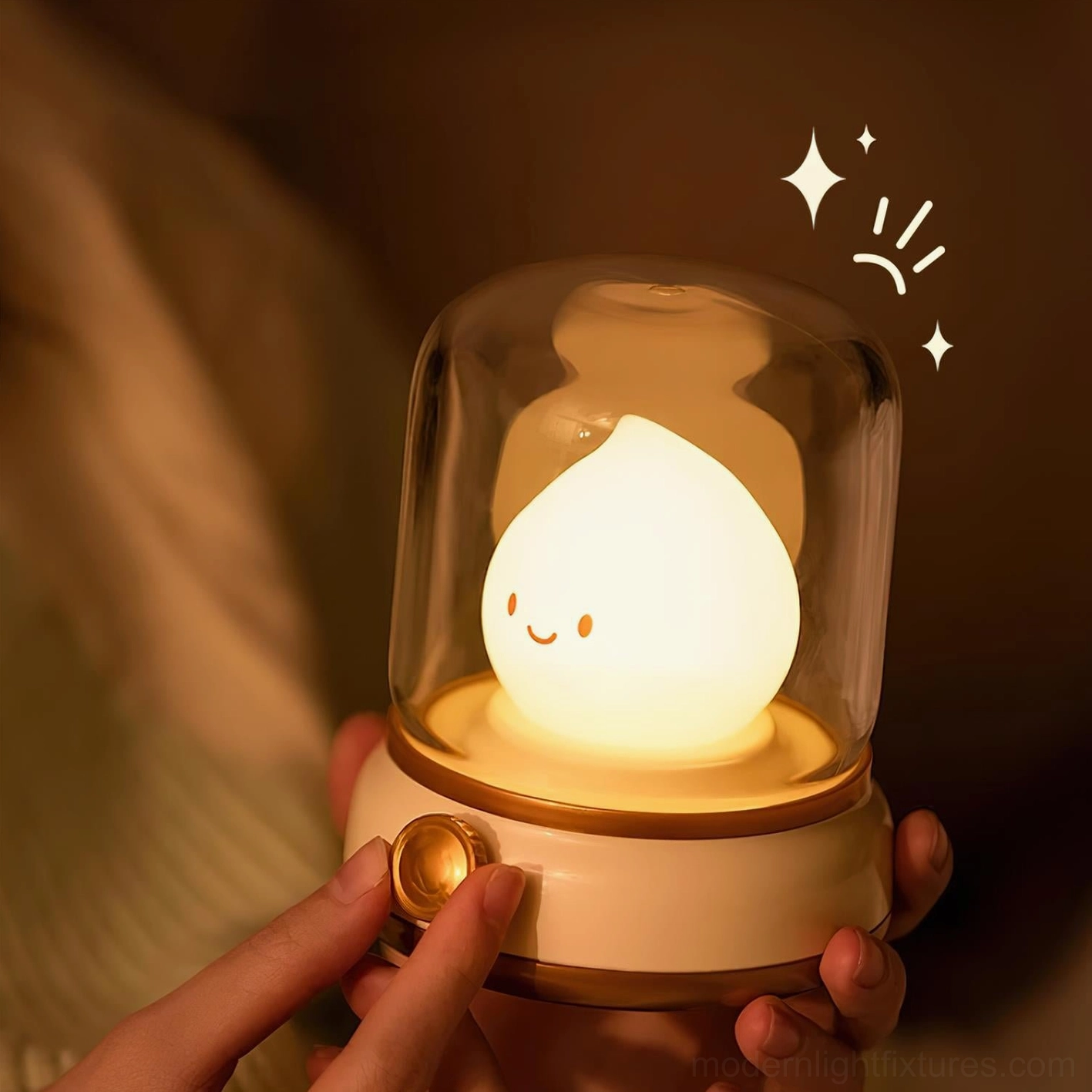 Hand adjusting Flame LED touch-dimmer knob, brightness control, vintage lantern design, tactile interface