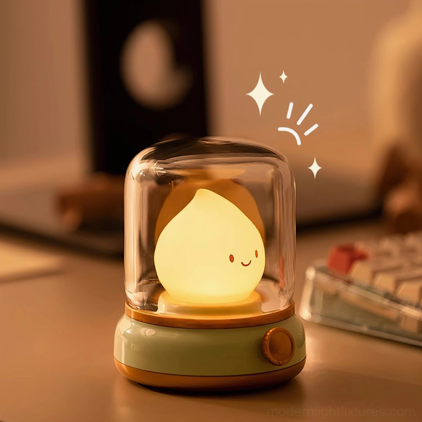 Flame LED USB-C charging port at base, USB rechargeable bedside lamp, no batteries required