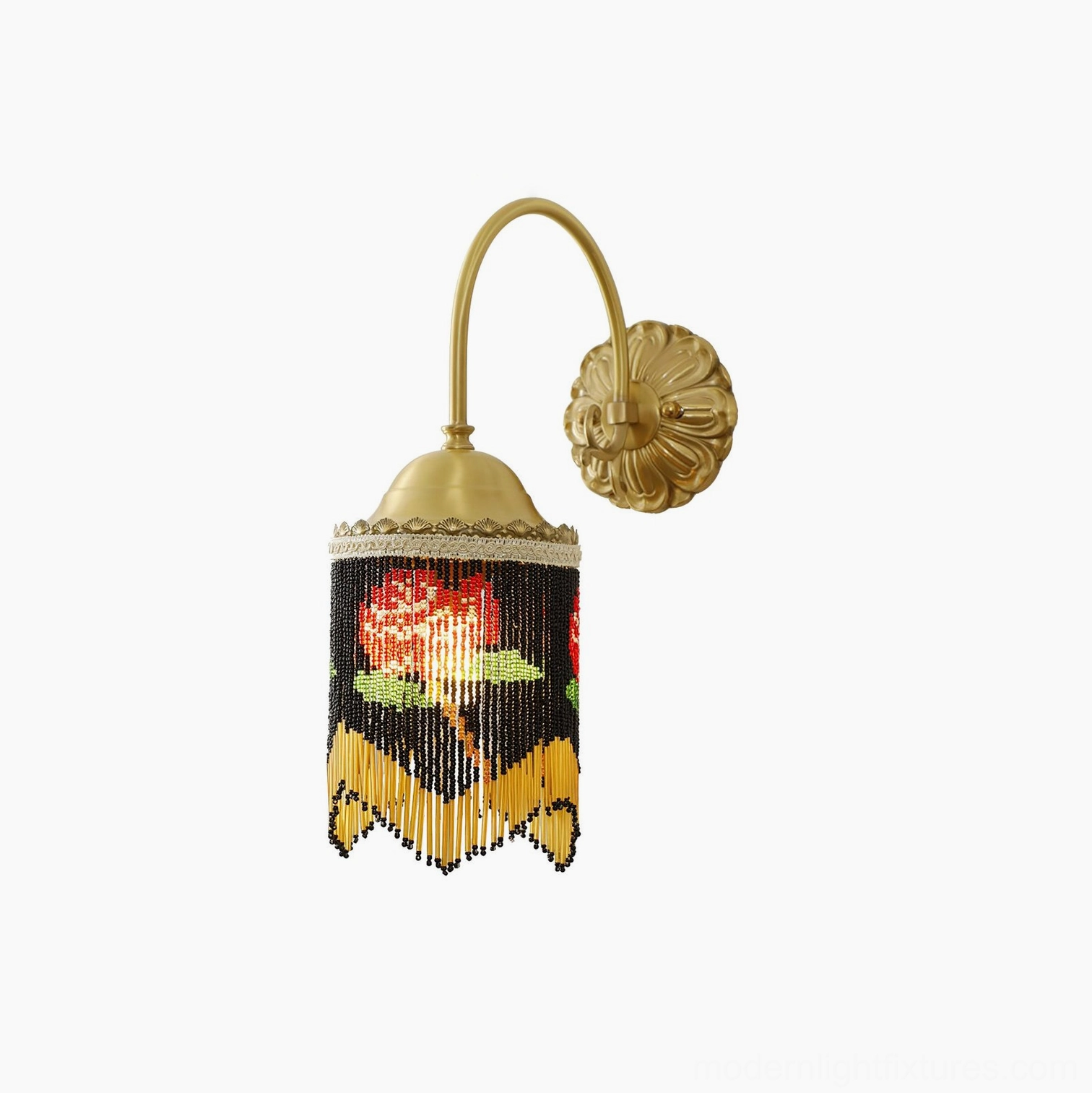 Rose patterned beaded wall sconce with compact brass wall mount and rose motif bead work studio view