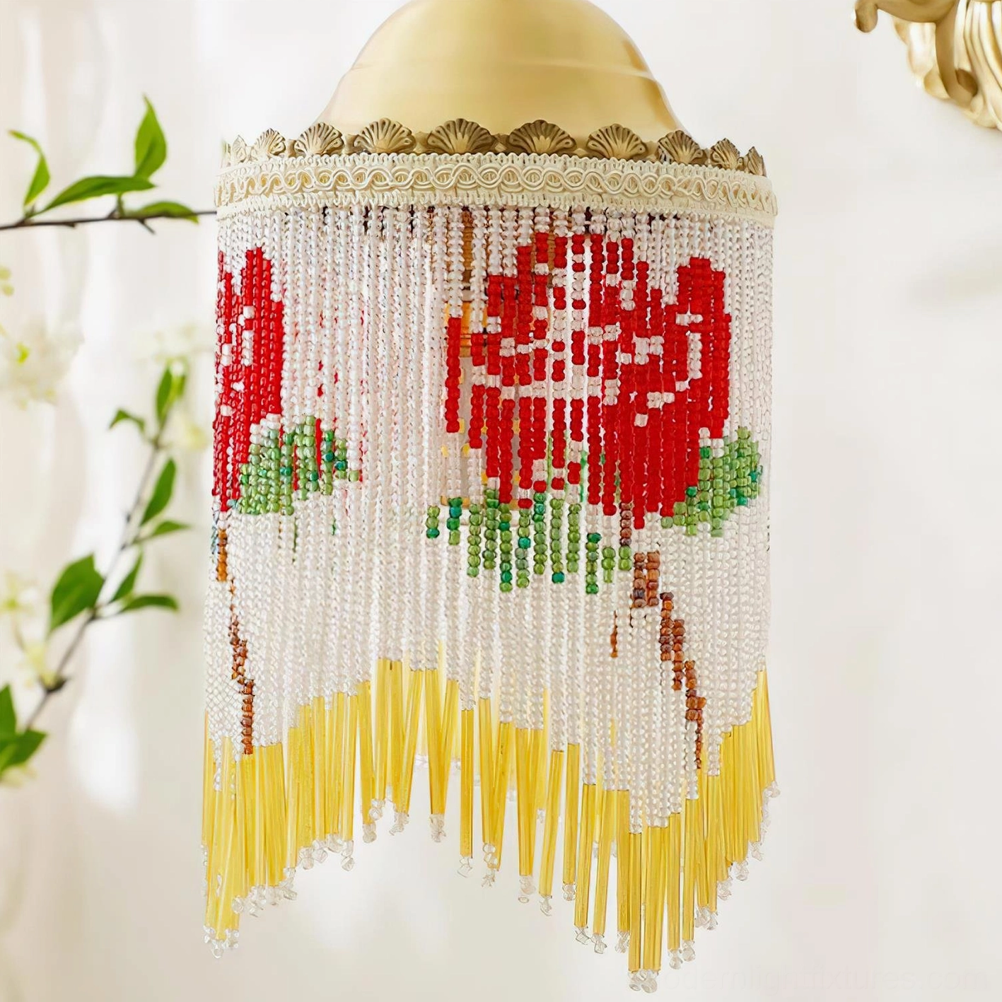Flamenco rose beaded wall sconce showing complete design from different perspective with decorative plant styling
