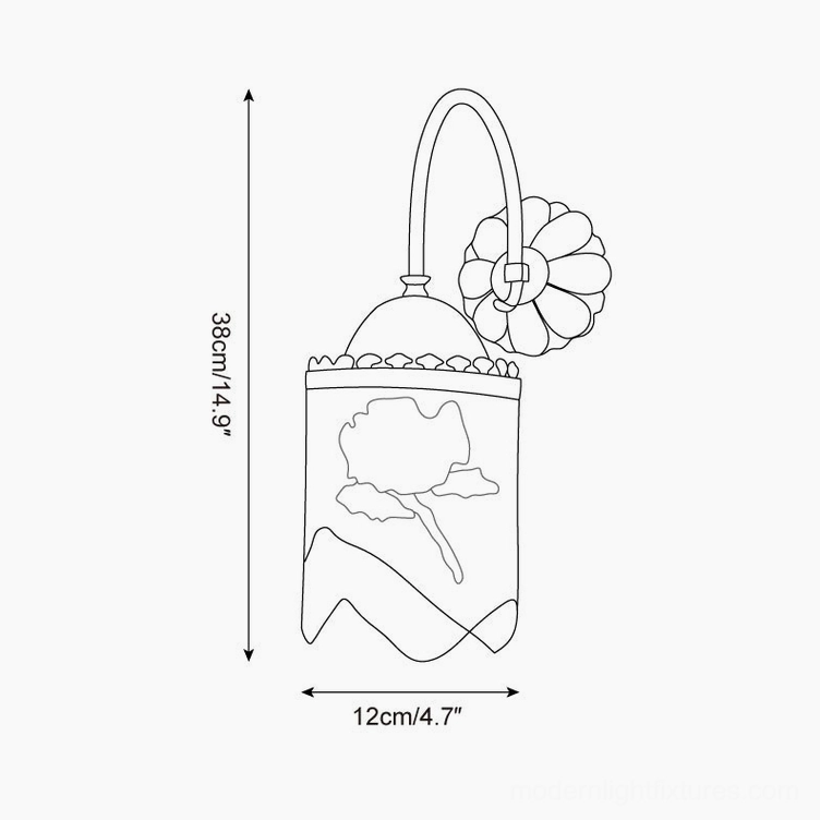 Technical schematic line drawing of Flamenco wall lamp showing dimensions 38cm height and 12cm width with floral base outline
