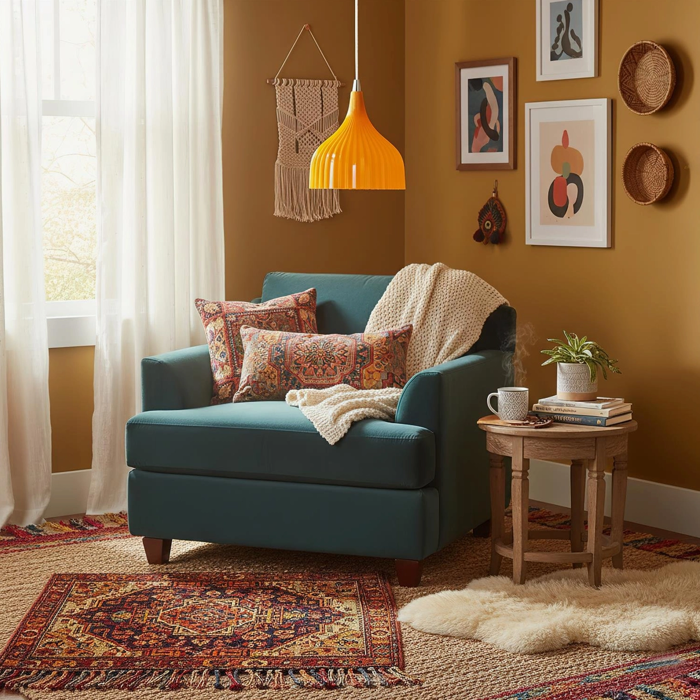 Single Flare ribbed pendant light in cozy bohemian reading nook with mustard yellow walls, teal armchair, and woven wall decor