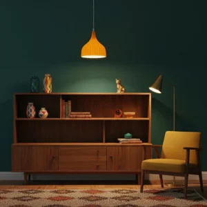 Modern ribbed pendant light hanging in mid-century living room above side table with warm wood tones and dark green accent wall