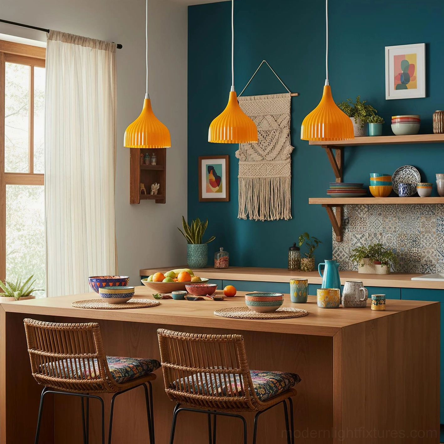 Three Flare amber ribbed pendant lights above boho kitchen dining area with dark teal accent wall and wooden countertop