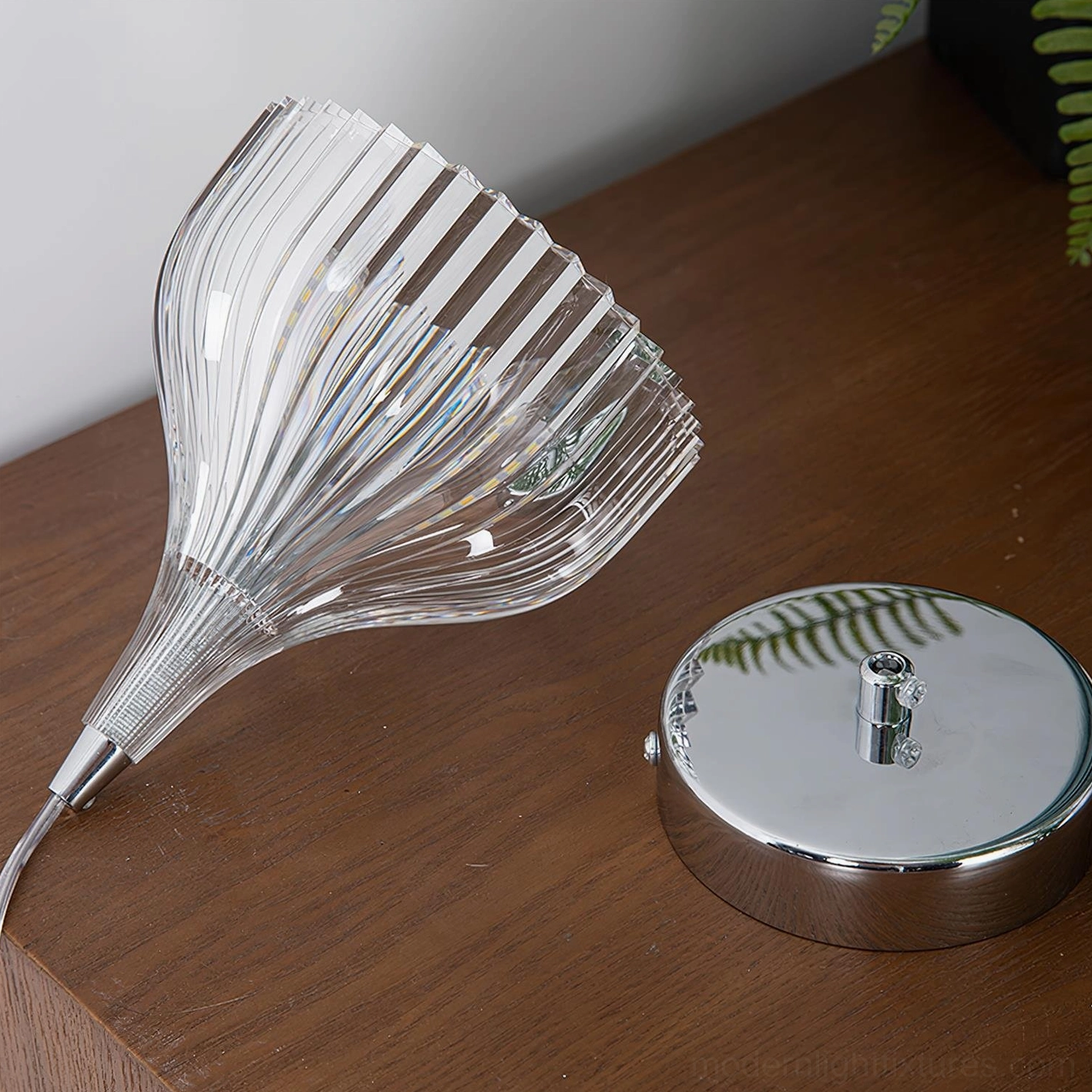 Flare ribbed pendant light installation details showing G9 socket, chrome metal base, and adjustable wire suspension