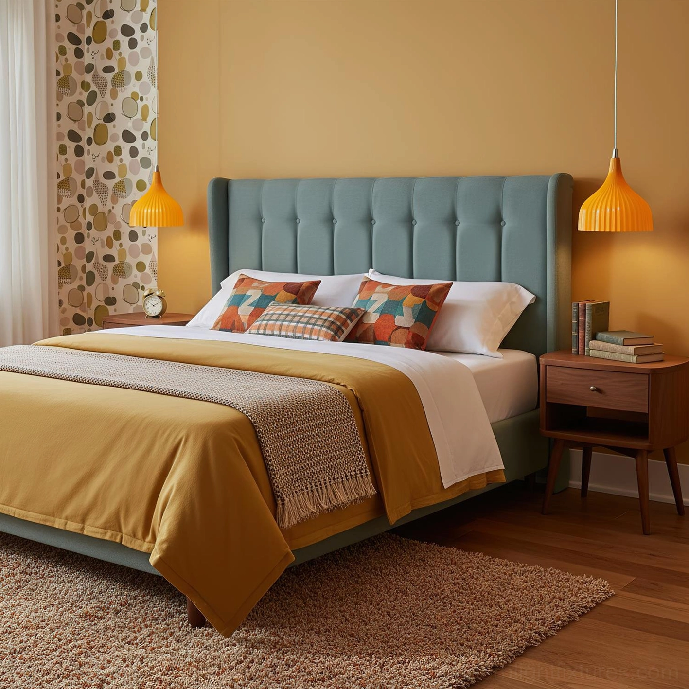 Flare amber ribbed pendant light in mid-century modern bedroom with tufted teal headboard and mustard yellow bedding