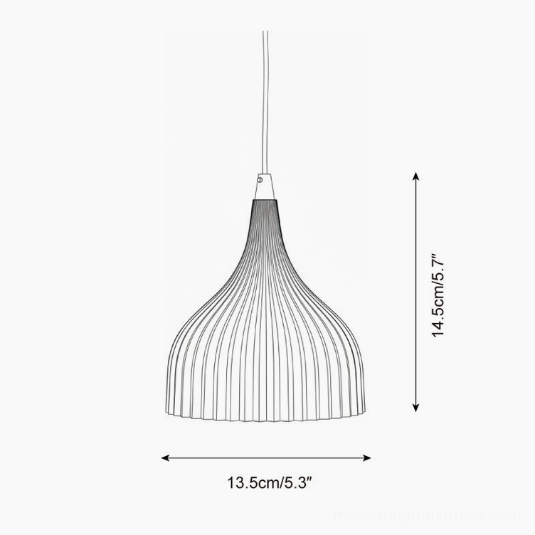 Technical orthographic drawing of Flare ribbed pendant lamp showing dimensions 13.5cm diameter by 14.5cm height with wireframe fluted silhouette