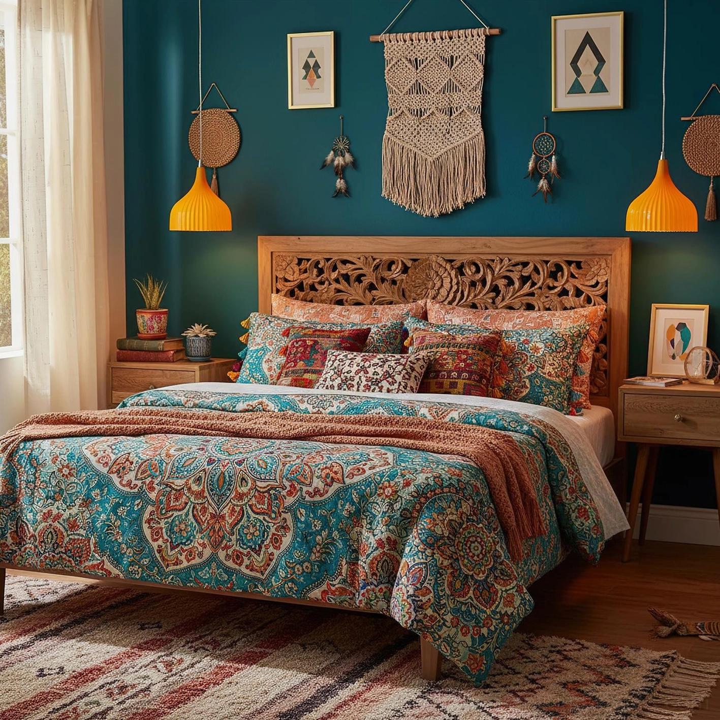 Pair of amber ribbed pendant lamps flanking carved wood headboard in bohemian master bedroom with patterned bedding and macrame wall art