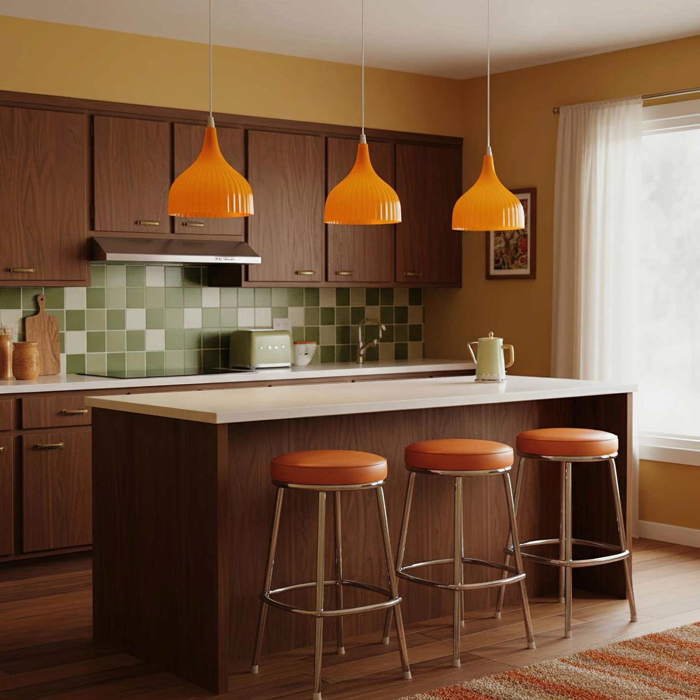 Three Flare ribbed pendant lamps above retro kitchen island with dark wood cabinets, green tiled backsplash, and metal bar stools