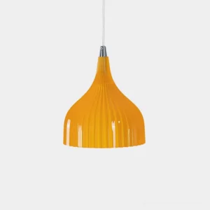 Flare ribbed pendant light with amber glass shade in studio setting, showcasing detailed vertical fluting and sculptural form