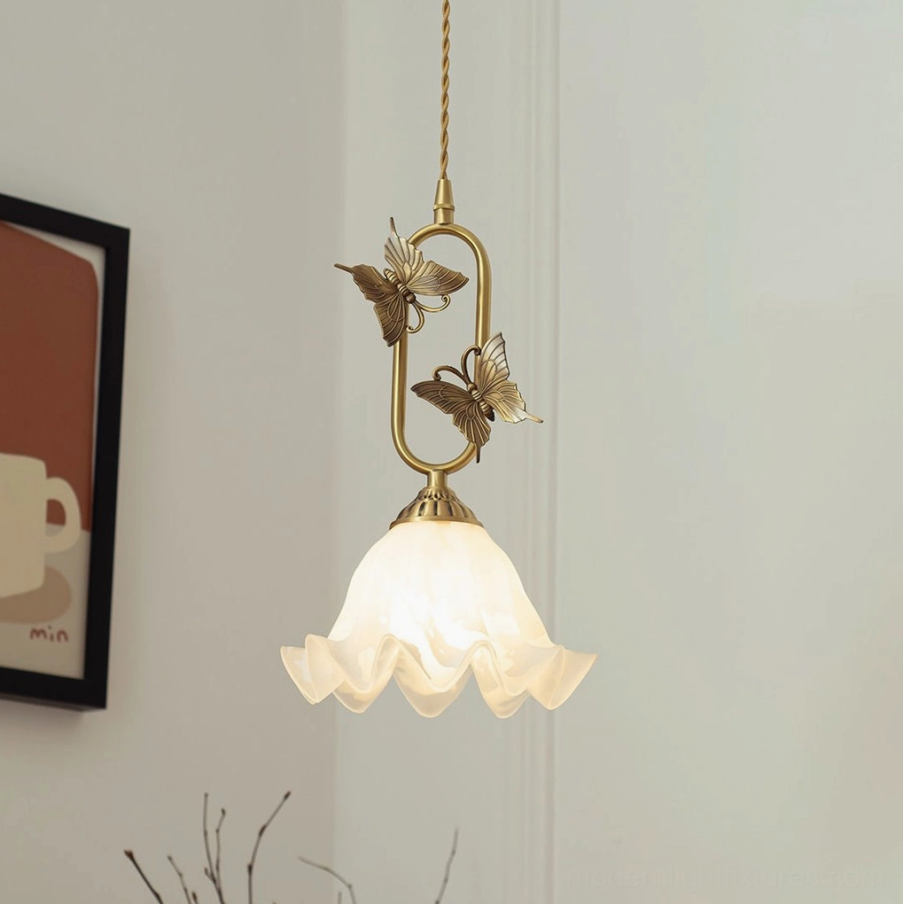 Flared lily white jade butterfly pendant light, 20cm diameter shade in transitional bedroom style