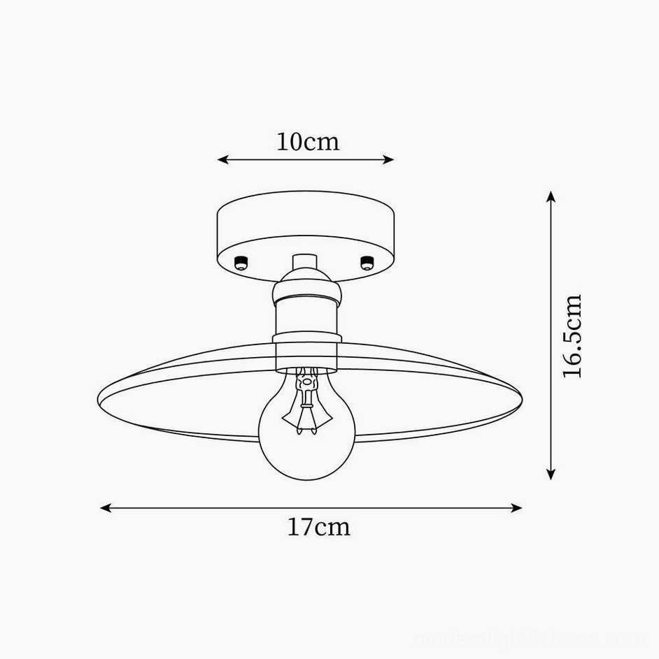 Flat shade vintage ceiling light technical schematic drawing showing 17cm width, 16.5cm height, 10cm canopy dimensions