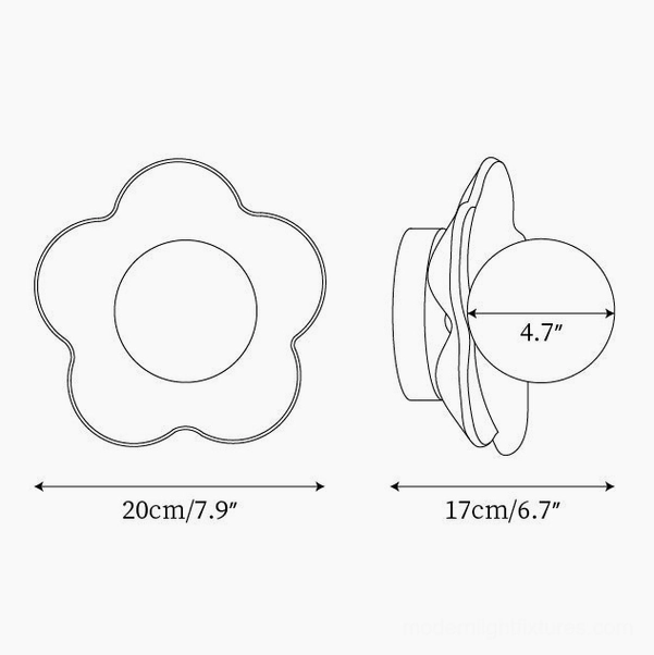 Fleur wall sconce technical dimension drawing - front and side orthographic views showing size specifications