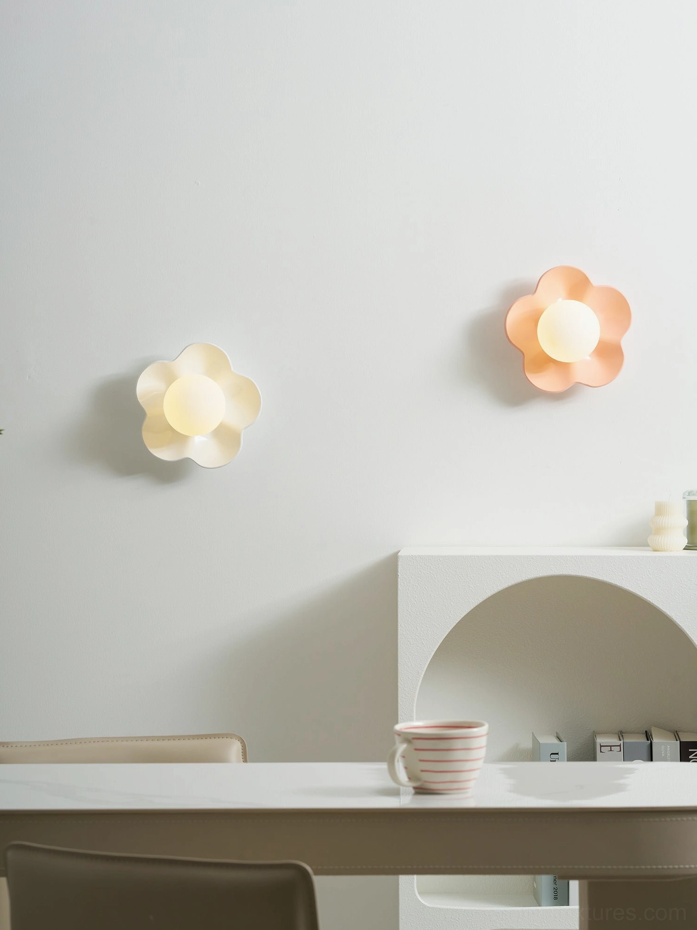 Fleur wall sconce three-color collection displayed - white purple golden yellow botanical lamp variants arranged