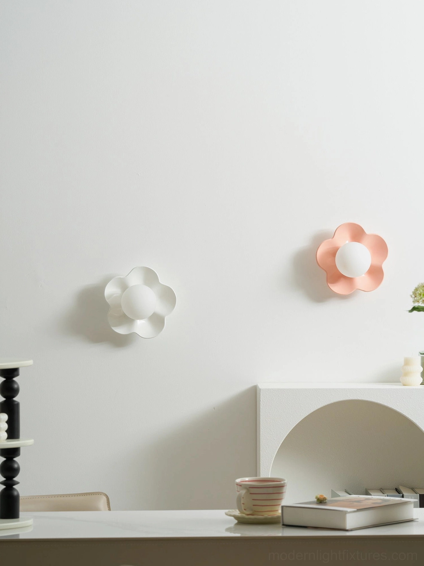 Fleur wall sconce vanity mirror surround dual installation - paired flower lamps provide flattering face-level light