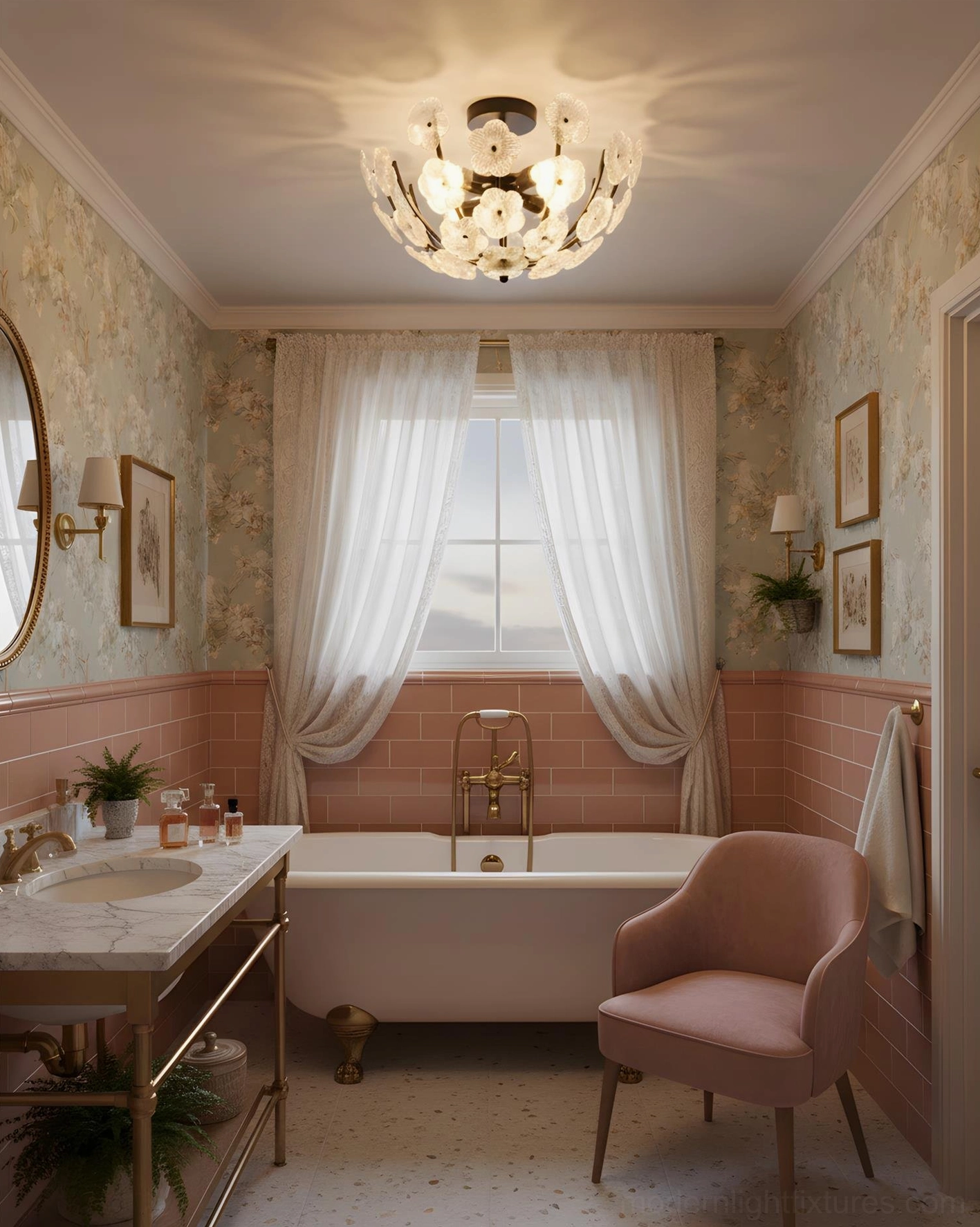 Fleurin floral ceiling light fixture in pink tiled bathroom with cozy romantic aesthetic