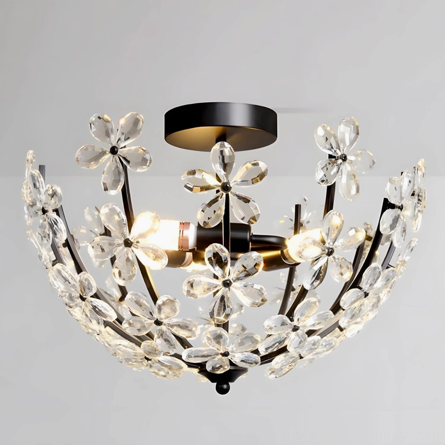 Fleurin botanical ceiling light fixture overhead view with three-petal glass design and decorative canopy