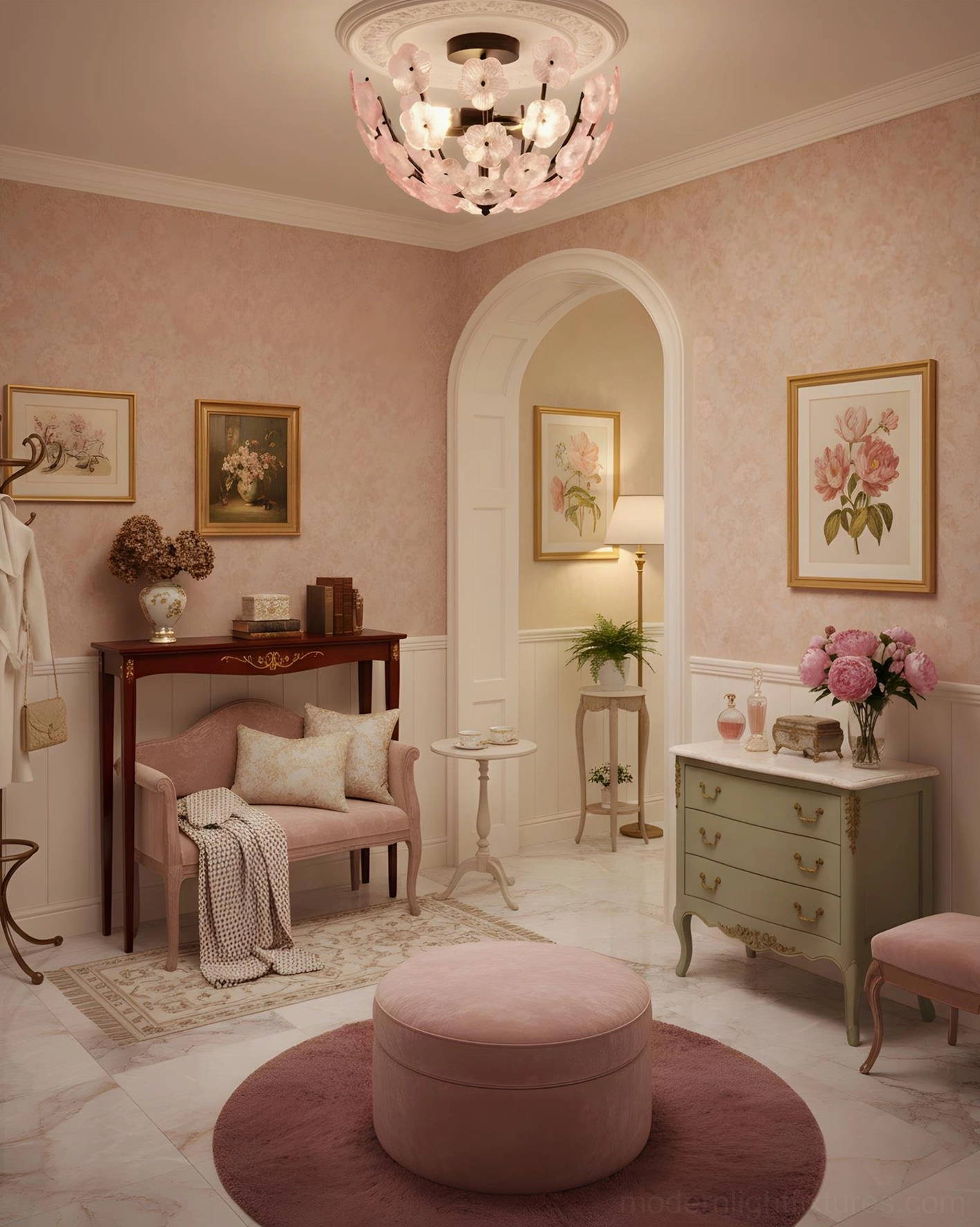 Fleurin floral ceiling lamp in French country sitting room with vintage warm decor and natural lighting