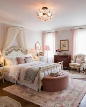 Fleurin ceiling light installed in luxury bedroom with Victorian romantic decor and coordinating pink accents