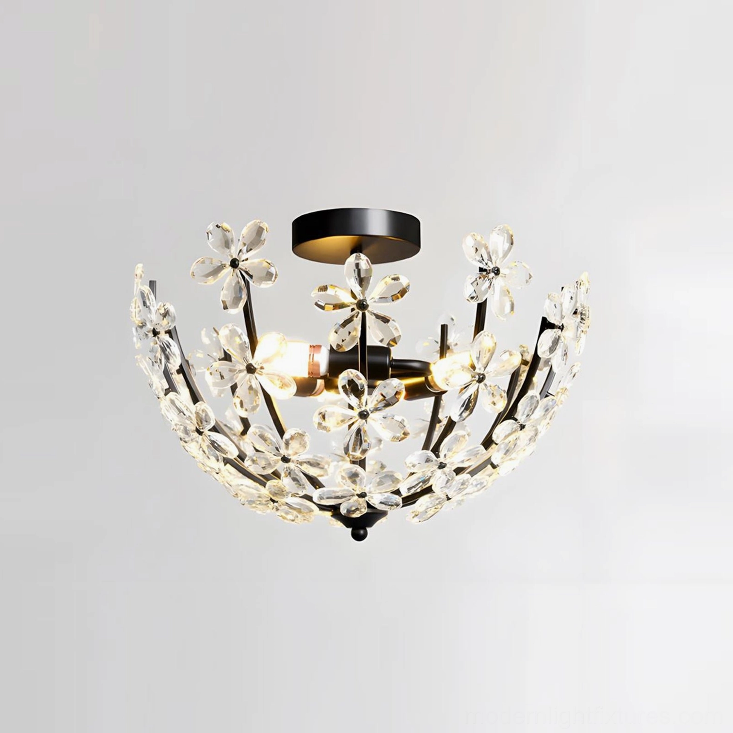 Fleurin clear glass ceiling light with three-petal design and premium metal canopy, room setting